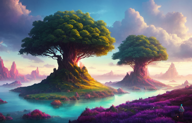 A mystical and epic landscape, featuring a fantastical and surreal world of floating islands, giant trees, and mythical cr...